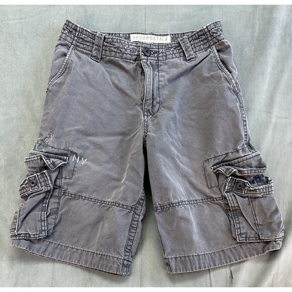Aeropostale Cargo Shorts Mens 28 x 11 Gray Flat Front Denim Pockets Loose - Picture 1 of 11